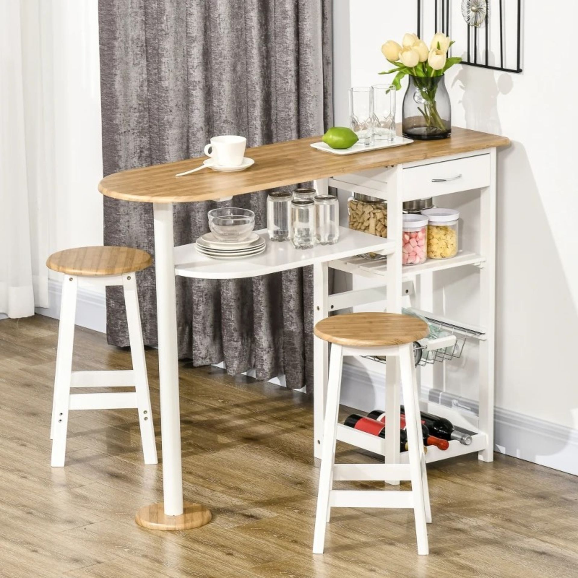 RRP £159.99 - 3 Piece Bar Table Set, Breakfast Bar table and Stools with Storage Shelf, Drawer, Wire