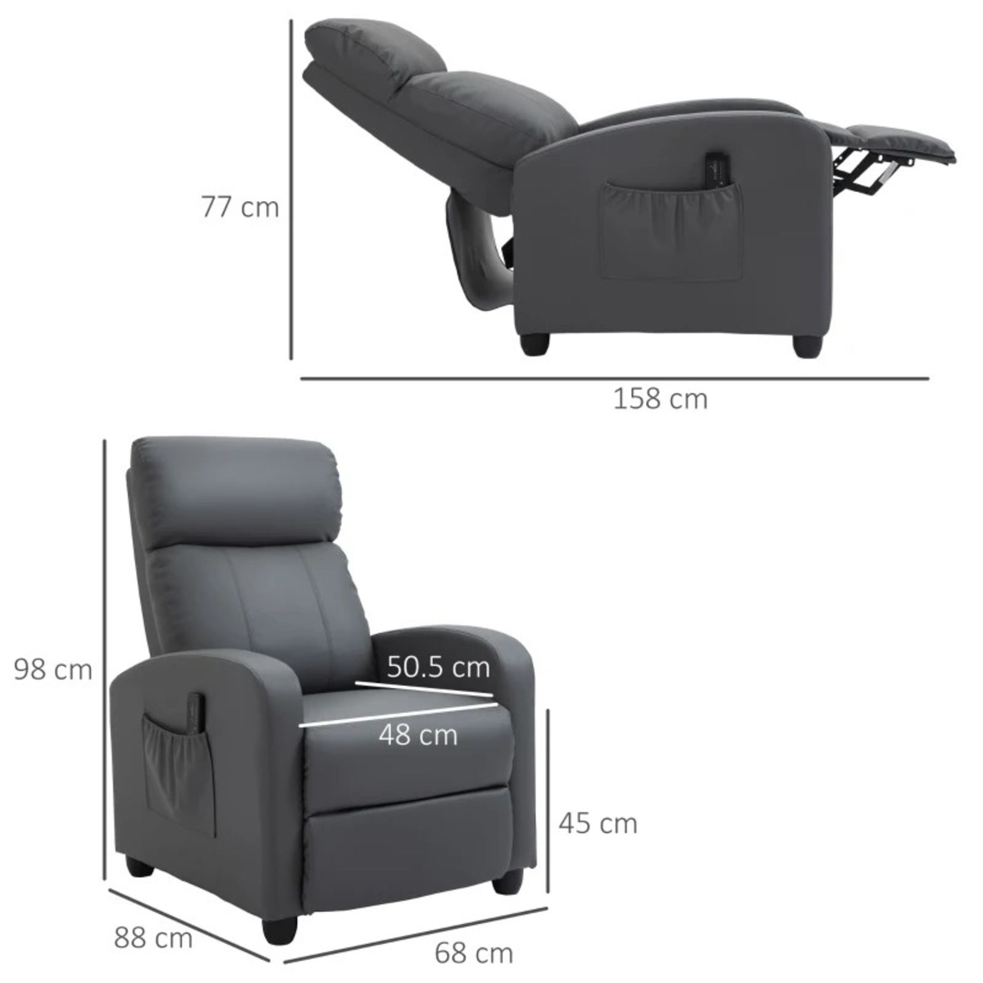 RRPP £254.99 - Recliner Sofa Chair PU Leather Massage Armcair w/ Remote Control, Grey - Image 3 of 6