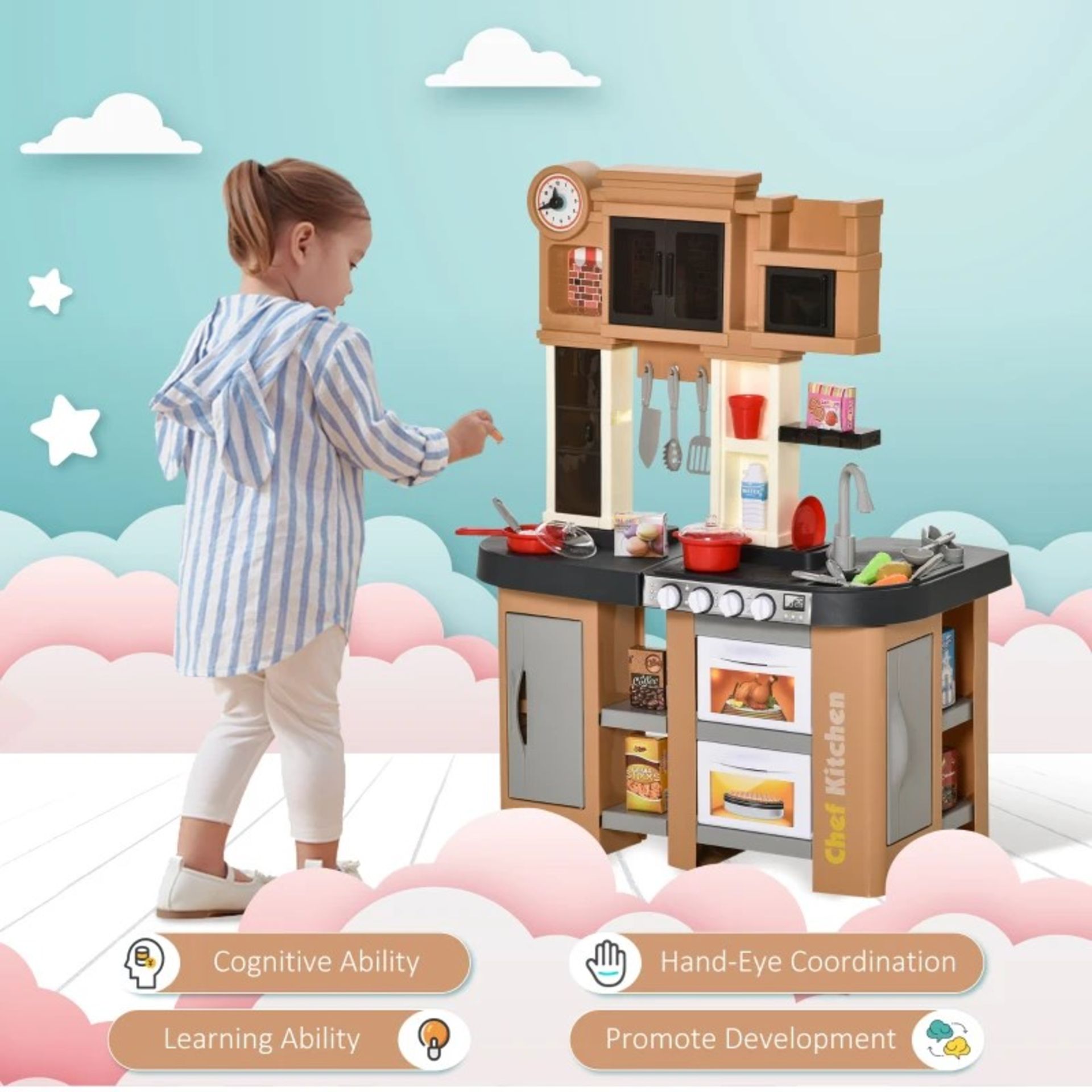 RRP £60.99 - 58 PCS Kids Kitchen Play Cooking Toy Set, w/ Light, Sound, for 3-6 Years Old - - Image 3 of 4