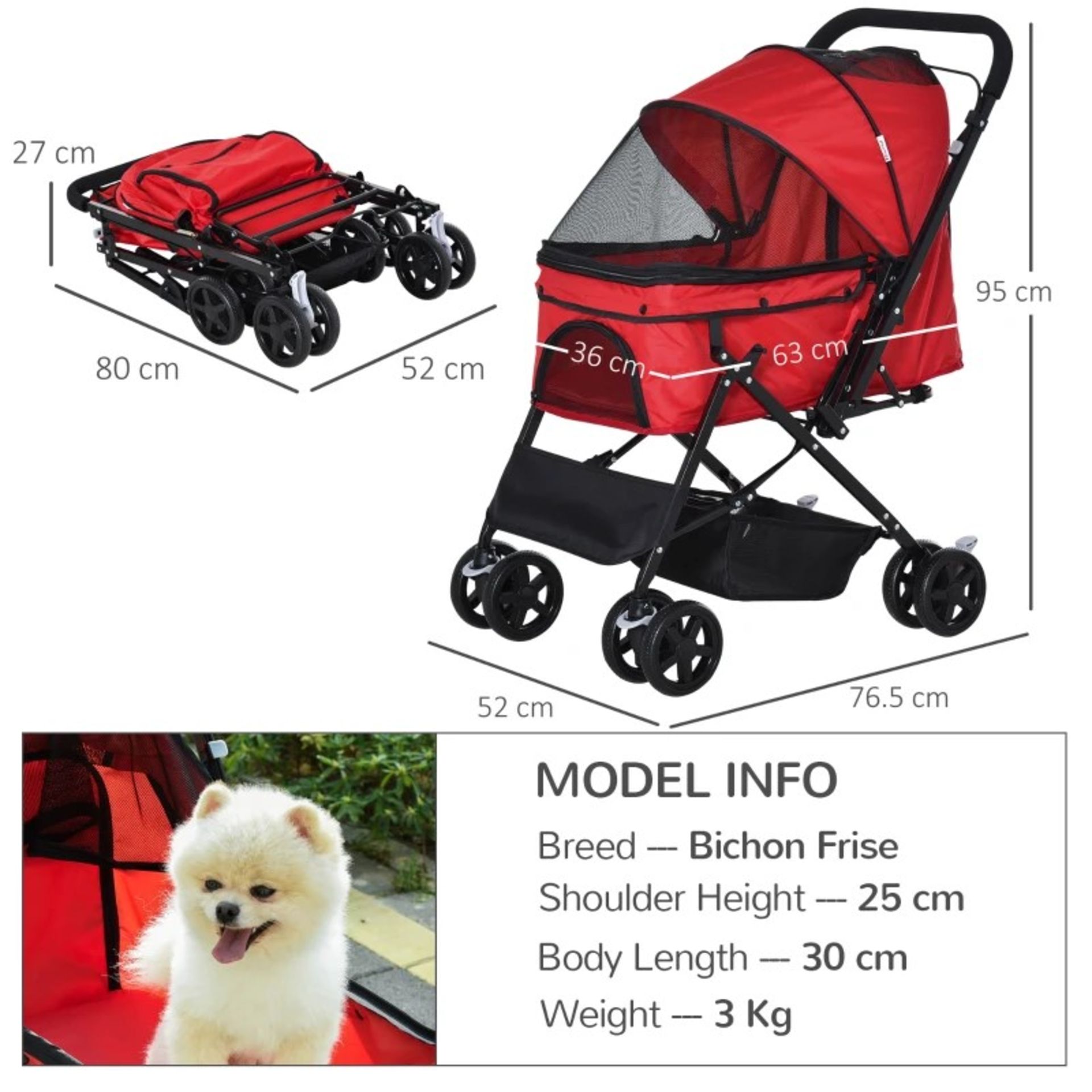 RRP £86.99 - Pet Stroller Pushchair Foldable Travel Dog Cat Carriage w/ Reversible Handle Brake - Image 2 of 4