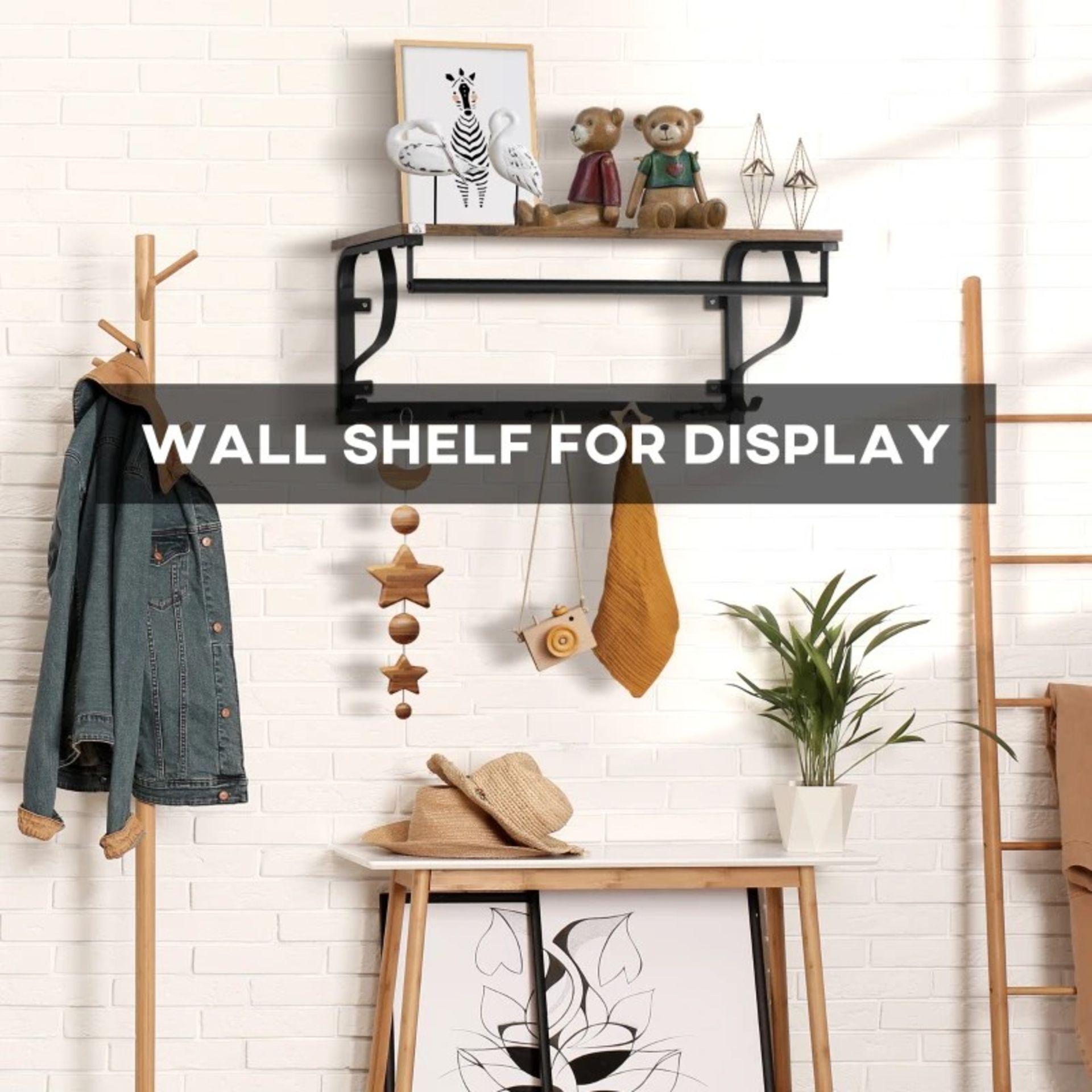 RRP £29.00 - Floating Shelf with Hooks and Hanging Rod, Wall Mounted Shelf for Living Room, Bedroom, - Image 3 of 4