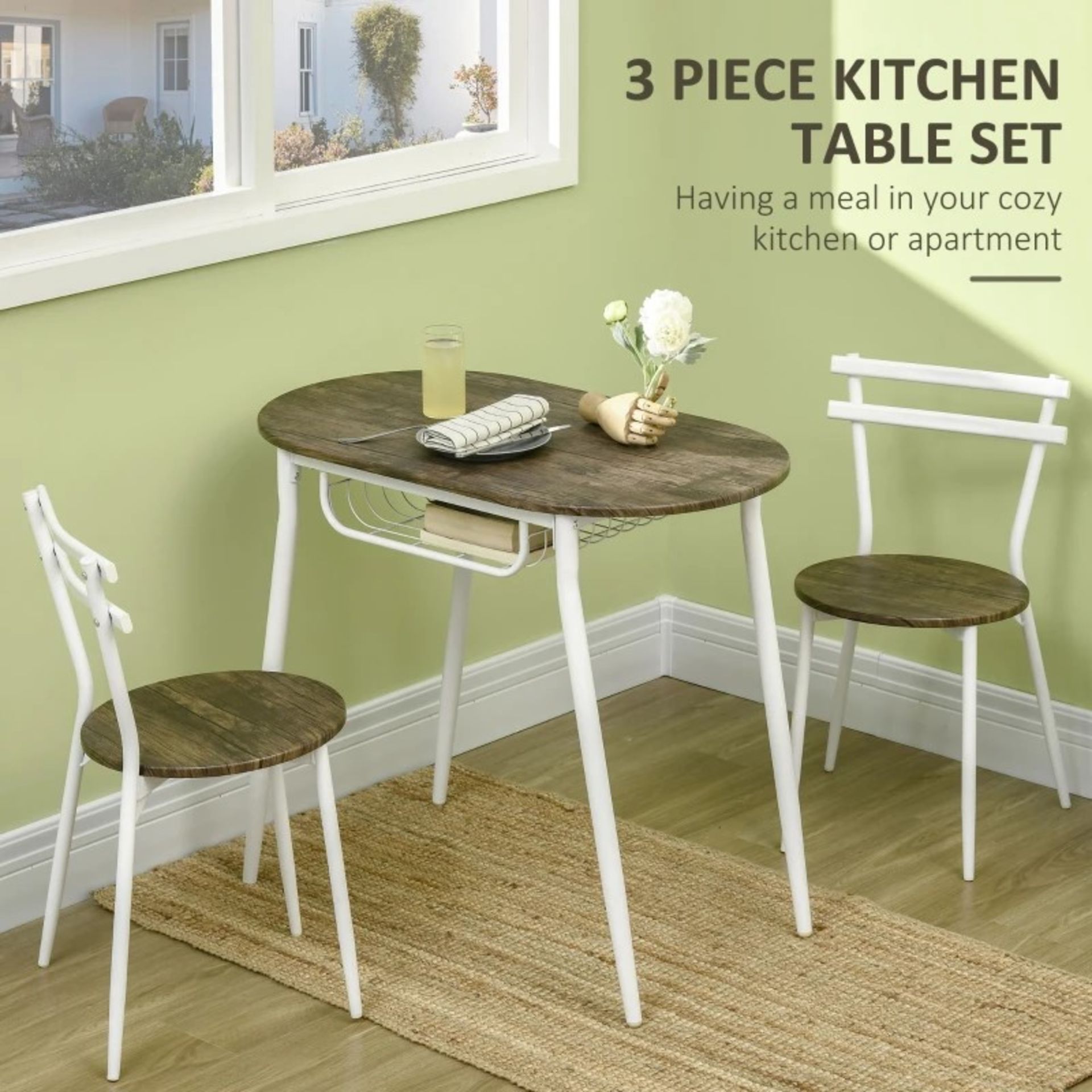 RRP £105.00 - 3-Piece Dining Table and Chairs Set, Oval Kitchen Table with 2 Chairs, with Wire - Image 3 of 4