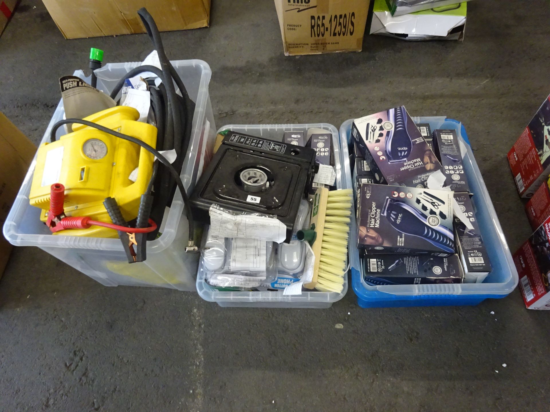 3 BOXES OF HAIR CLIPPERS, JUMP STARTER, GAS STOVE & ODDS