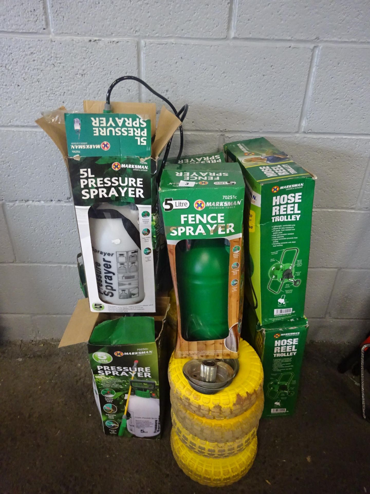 QTY OF FENCE SPRAYERS, HOSE REELS & SACK TROLLEY WHEELS