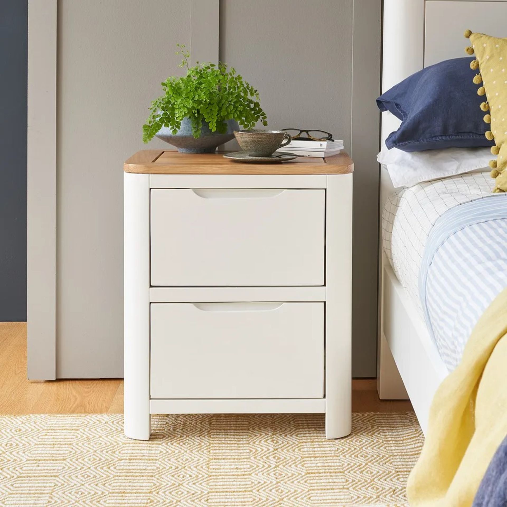 RRP £219.99 - OAK FURNITURELAND HOVE Natural Oak & Painted 2 Drawer Bedside Table 50 X 60 X 41CM -