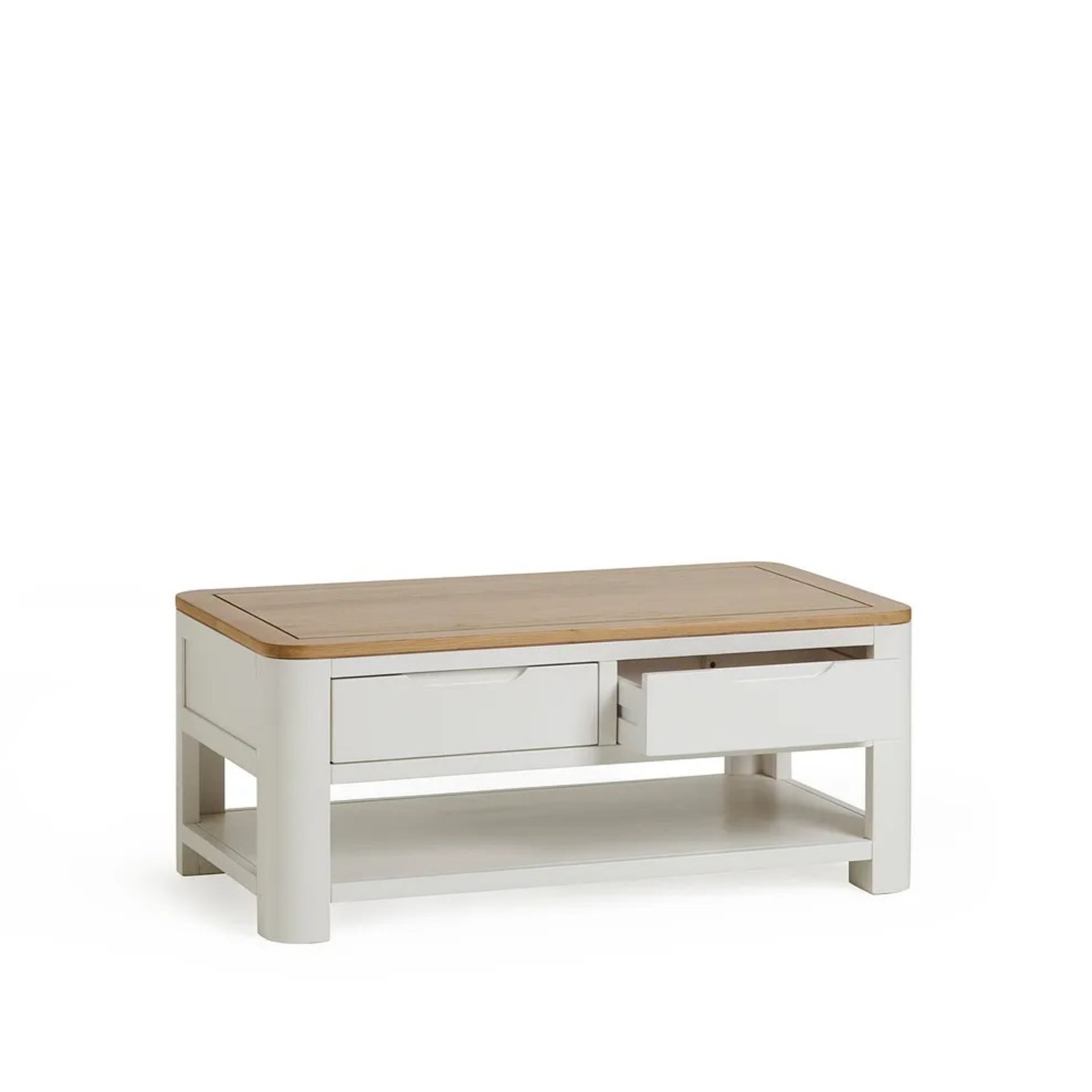 RRP £329.99 - OAK FURNITURELAND HOVE Natural Oak & Painted 4 Drawer Coffee Table 110 X 46 X 60CM - - Image 2 of 5