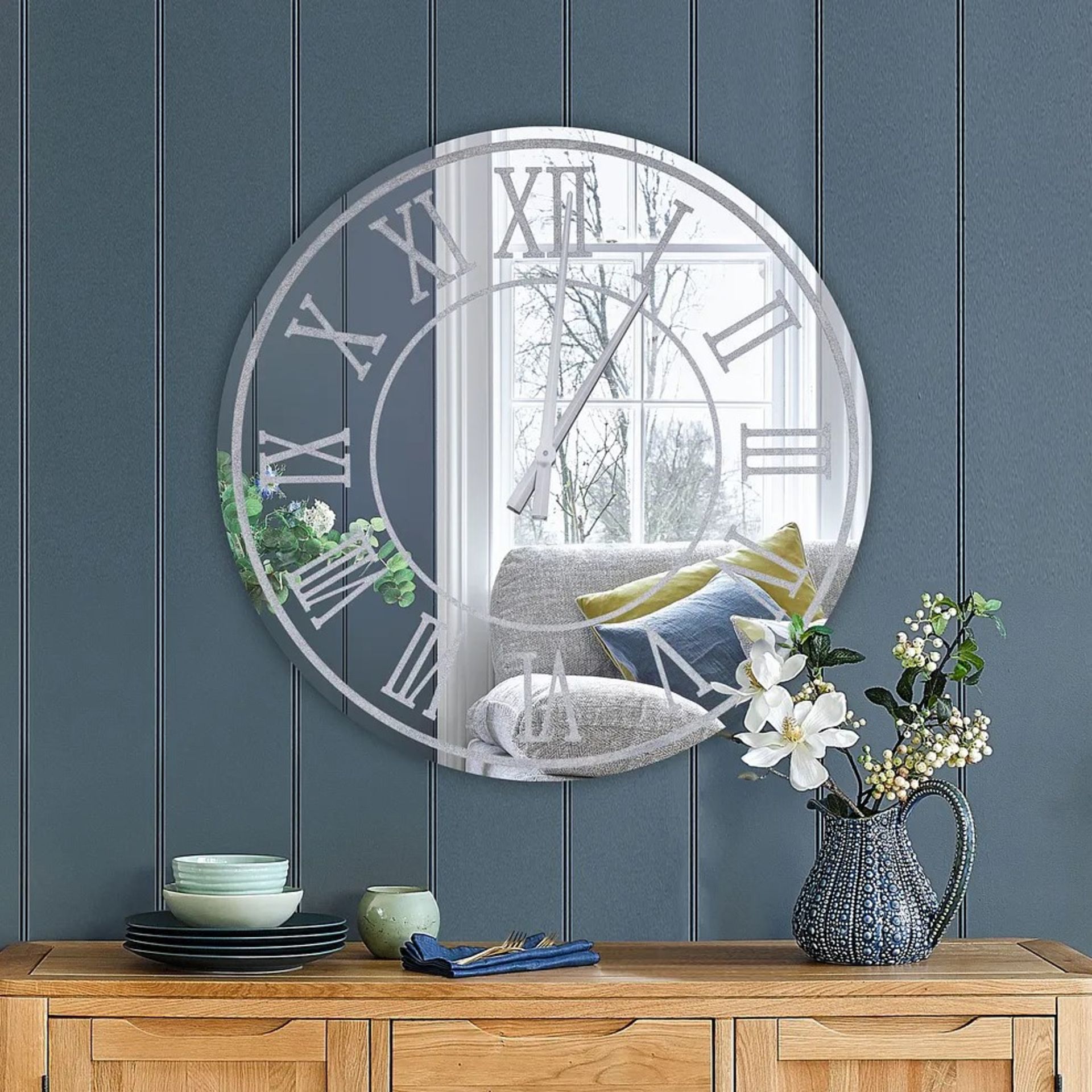 RRP £149.99 - Oak Furnitureland LARGE AVERY WALL CLOCK Silver Mirror 80CM- MAY HAVE A FEW