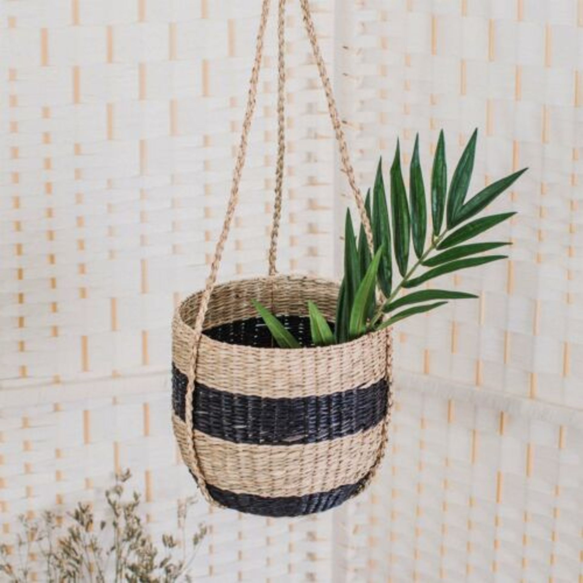 NEW SASS & BELLE LARGE 16CM BLACK STRIPE SEAGRASS HANGING PLANTER