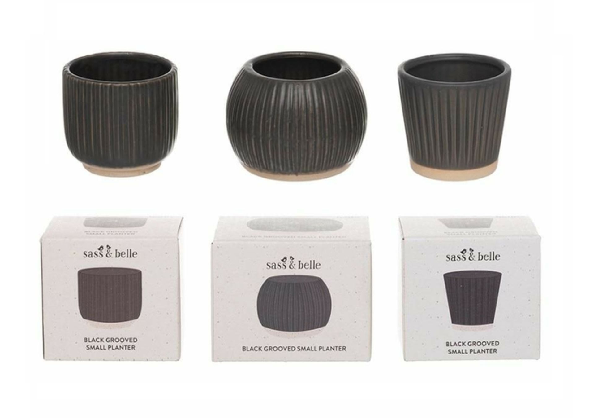 NEW SASS & BELLE SET OF 3 BLACK GROOVED SMALL PLANTERS