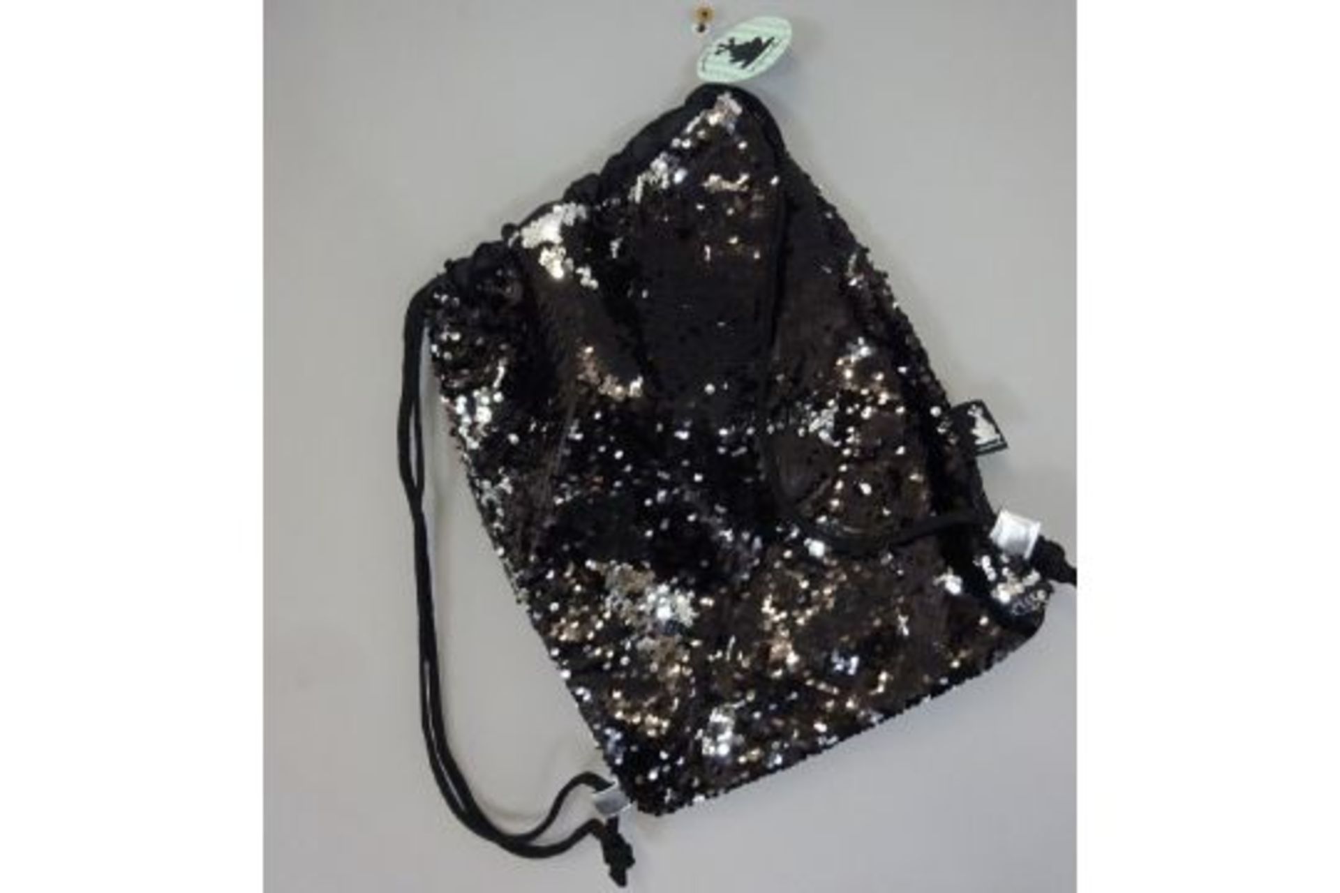 New Black & Silver Sequined Pull Cord Bag