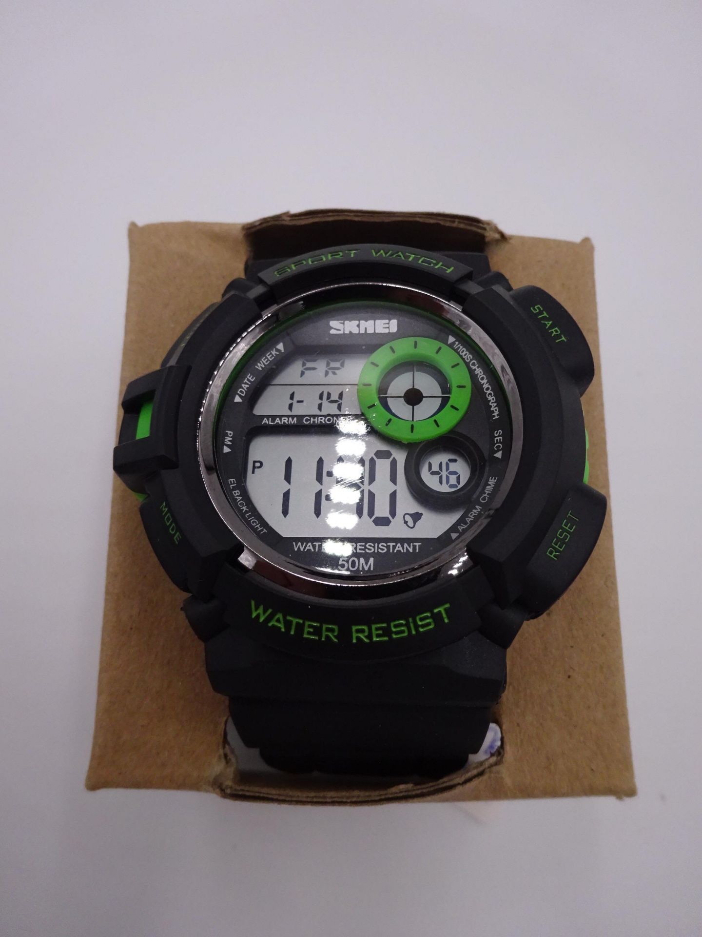 New Sport watch water resist black strap with hints of green digital.