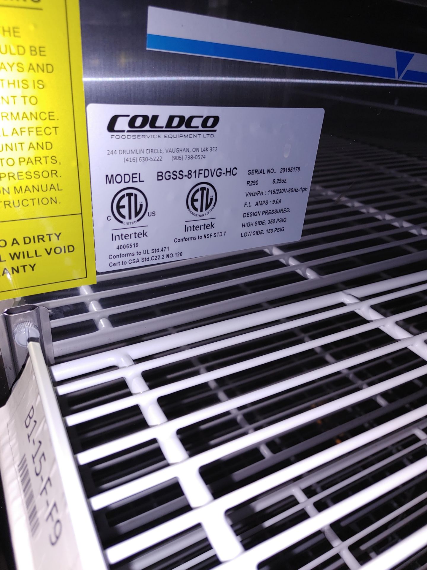 Coldco "BGSS-81FDVG-HC" 3 Door Glass Front Freezer Stainless Steel S/N 20195178 - Image 2 of 2