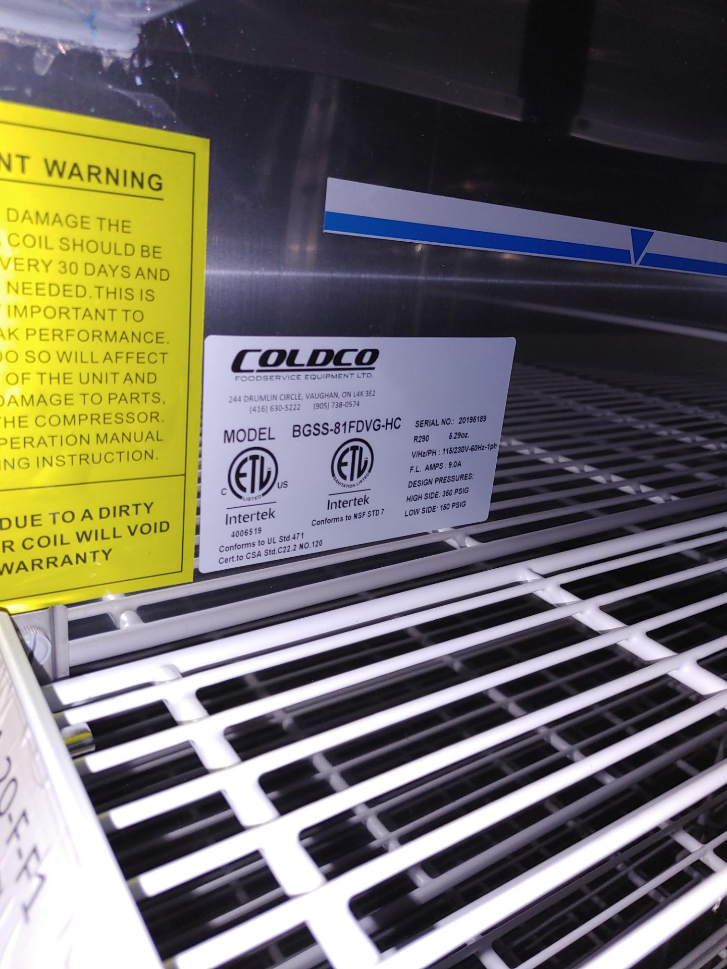 Coldco "BGSS-81FDVG-HC" 3 Door Glass Front Freezer Stainless Steel S/N 20195189 - Image 2 of 2