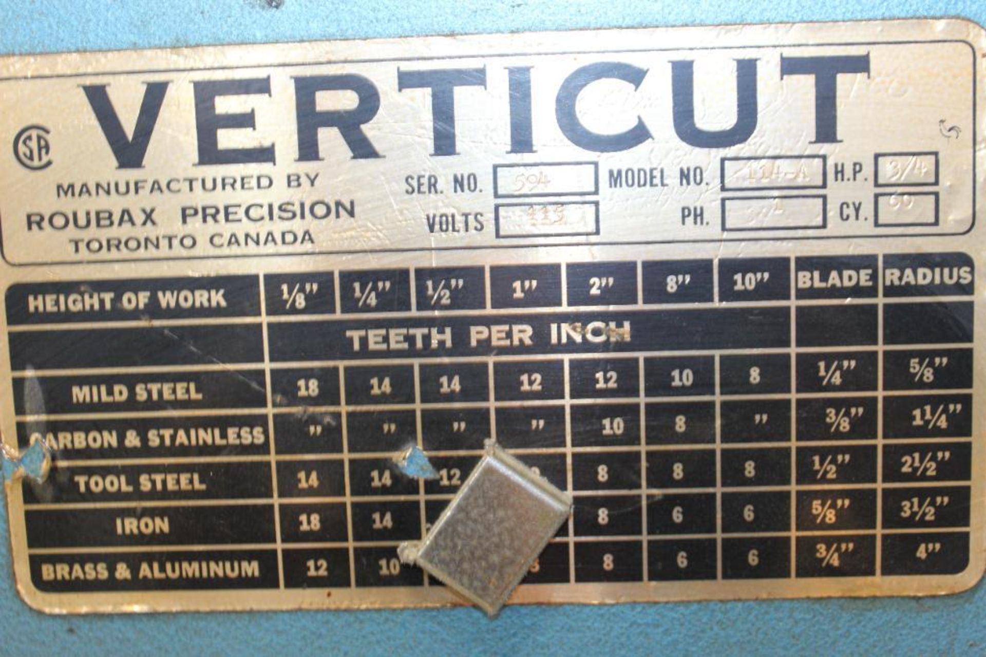 Verticut Model 114-A Vertical Band Saw on rolling base - Image 6 of 6