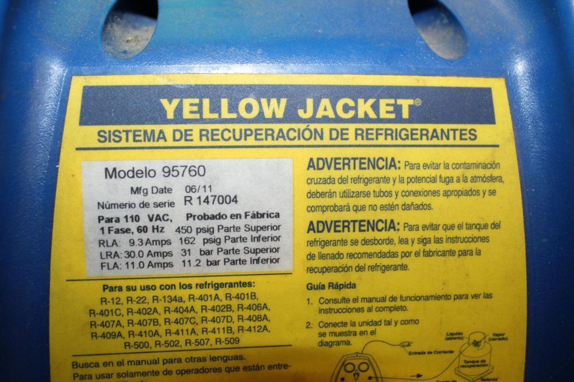 Yellow Jacket Refrigerant Recovery System Model:95760 - Image 3 of 3