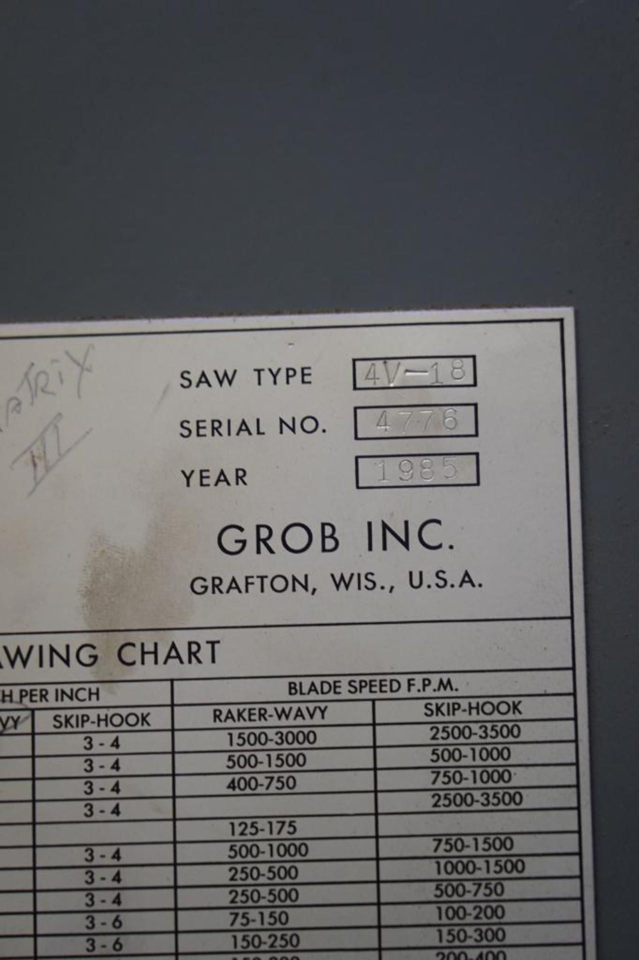 1985 Grob 4V-18 Vertical Band Saw - Image 6 of 6