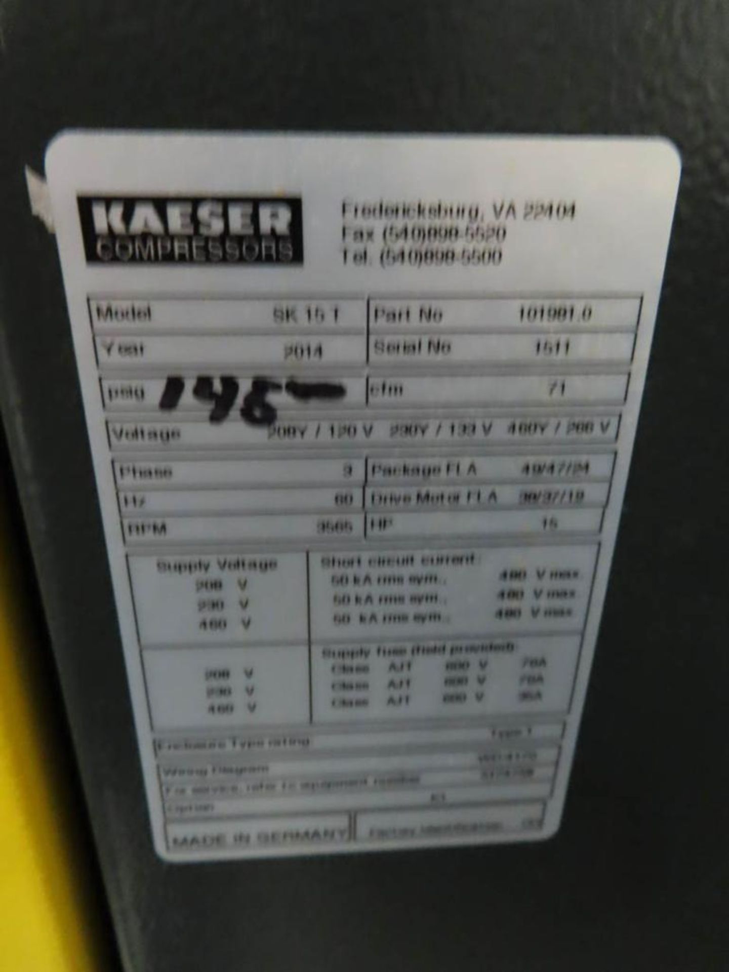 Kaeser, Mdl.SK 15T, Screw Type Air Compressor, 15HP (2014) - Image 4 of 8