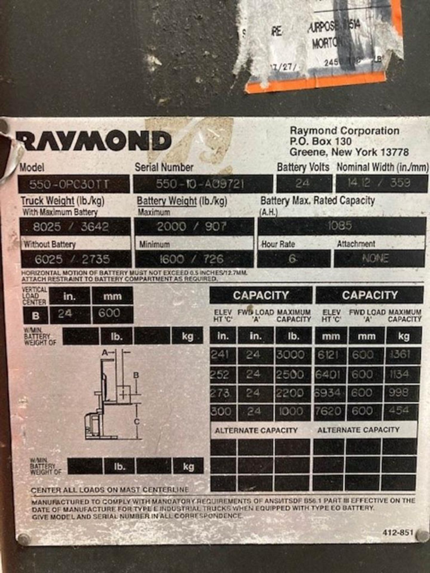 Raymond Model 550-OPC30TT 3,000 LBS Capacity Electric Stock Picker Type Forklift Truck - Image 4 of 9