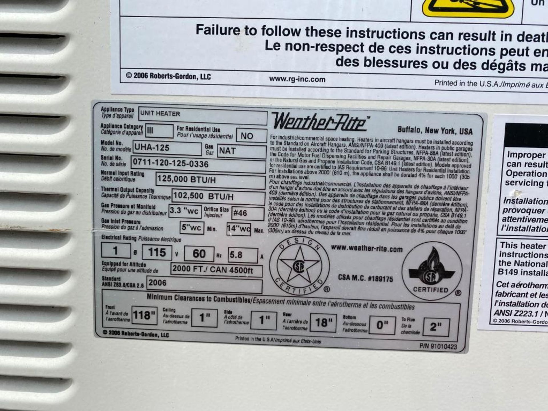 Weather-Rite Model UHA-125 102,500 BTU/HR Natural Gas Fired Heater (2006) - Image 3 of 4