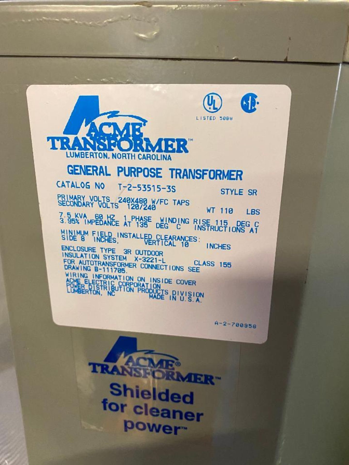 Acme 7.5-KVA 240 X 480 Volt 1-PH / 60-HZ Shielded General Purpose Transformer - Image 3 of 3