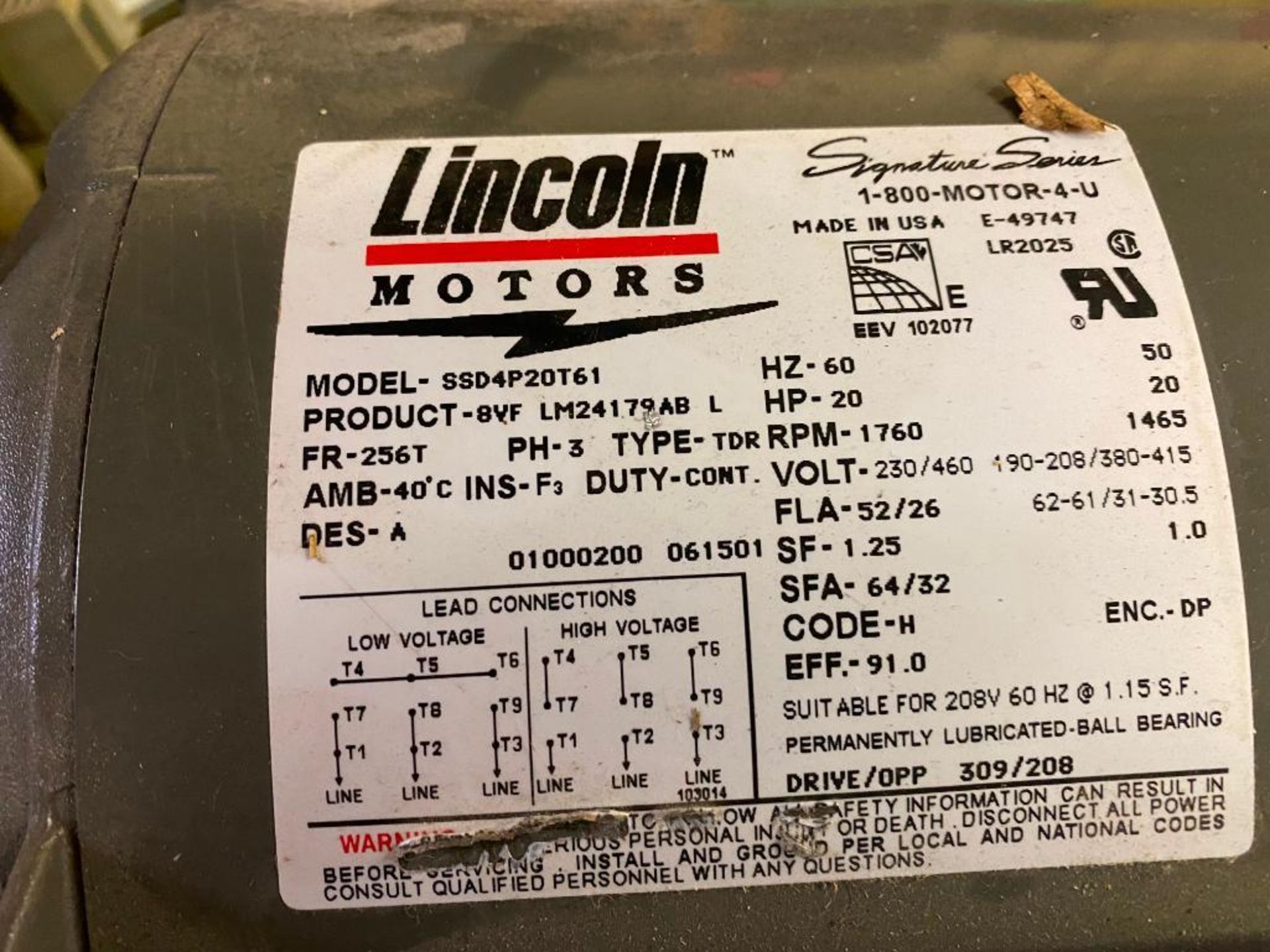 Lincoln Model SSD4P20T61 20-HP 230/460 3PH, 60HZ Electric Motor - Image 3 of 3