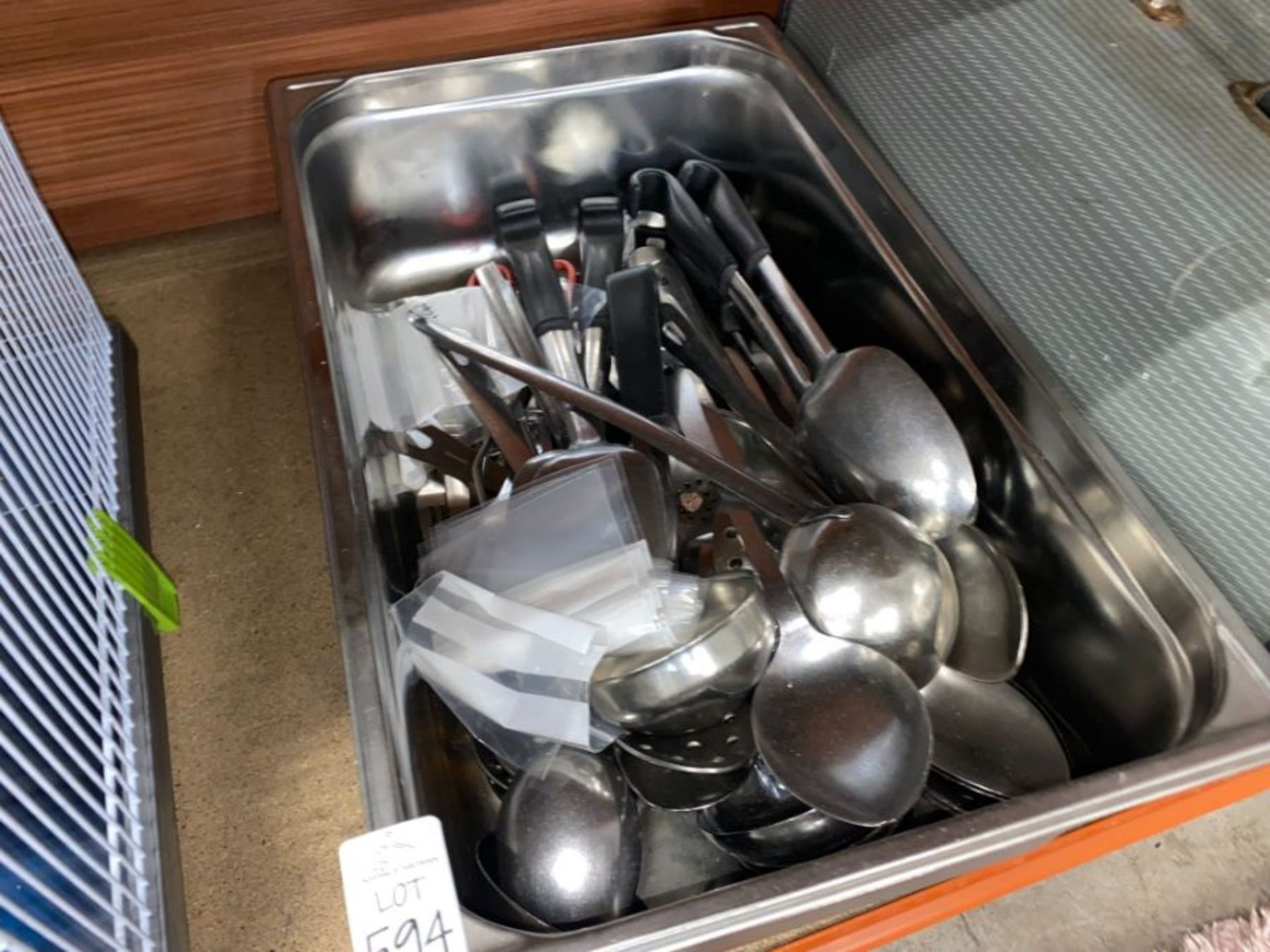 STAINLESS STEEL TUB OF CATERING UTENSILS