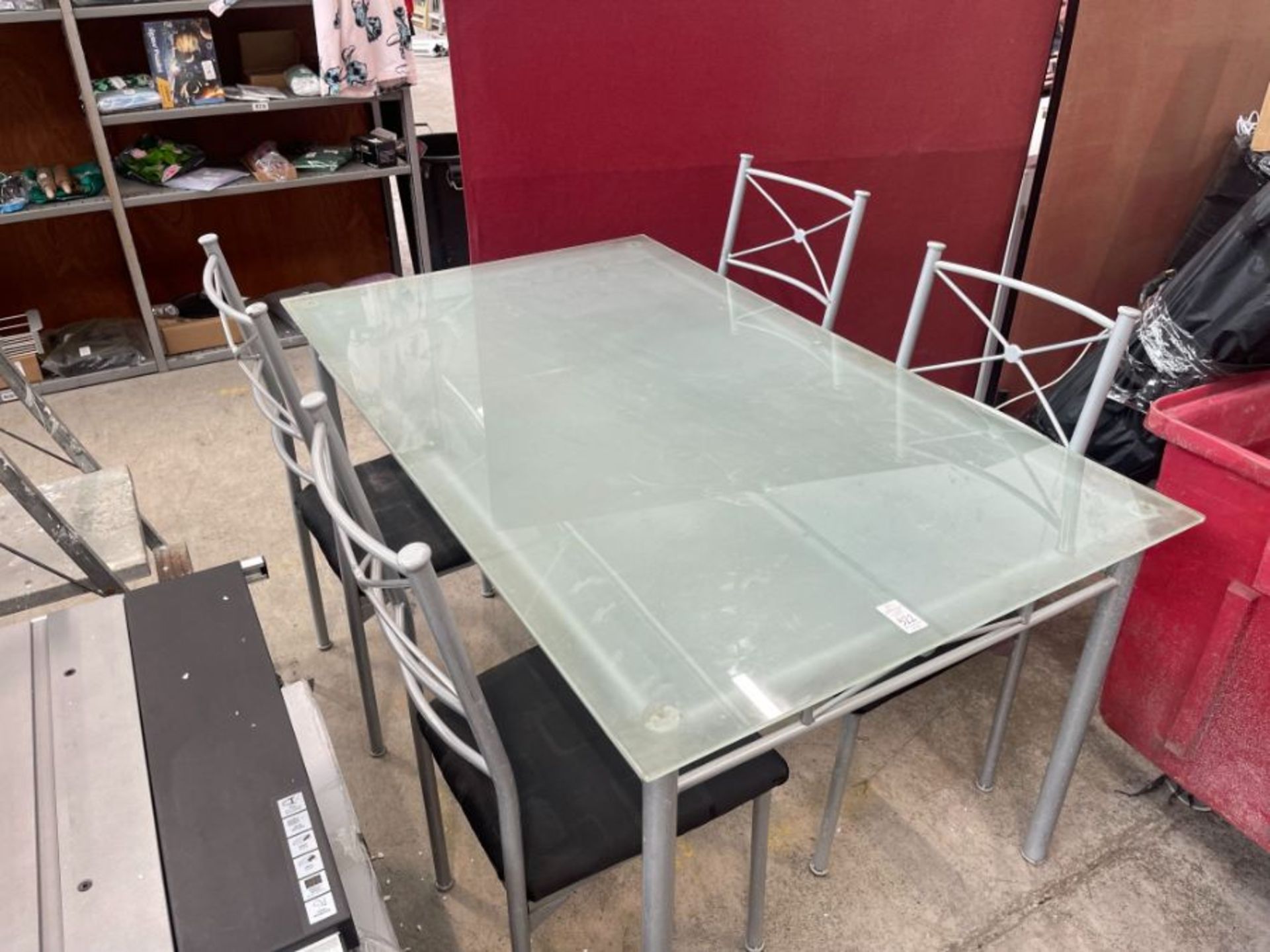RECTANGULAR GLASS TOPPED DINING TABLE & 4/ FABRIC TOPPED CHAIRS