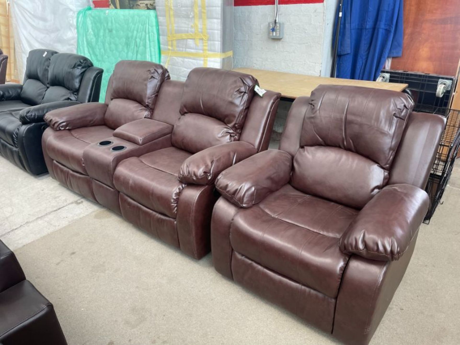BROWN FAUX LEATHER 2-SEATER RECLINING SOFA W/ CUP HOLDERS & BUILT-IN STORAGE & RECLINING ARMCHAIR