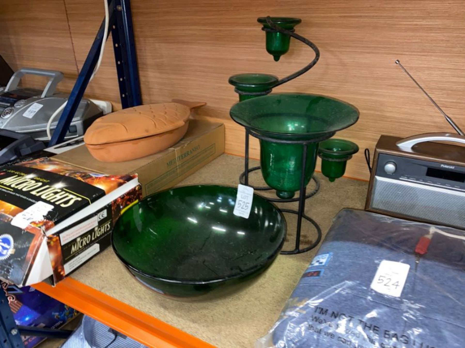 JOB LOT OF GREEN GLASS & IRON CANDLE HOLDERS