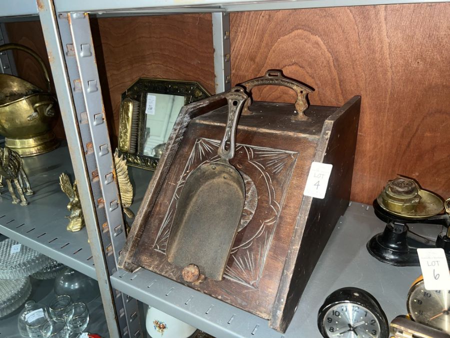 VICTORIAN INLAID COAL SCUTTLE W/ METAL INSERT & SCOOP