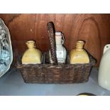 WICKER BASKET W/ 3X ASSORTED CROCKS