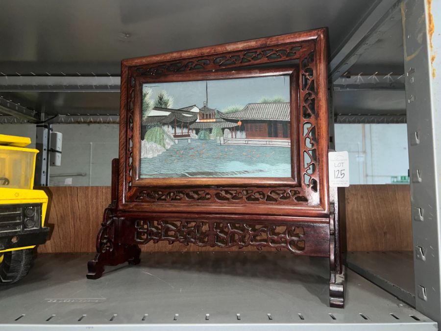 ORIENTAL MAHOGANY DISPLAY W/ REVOLVING PICTURE