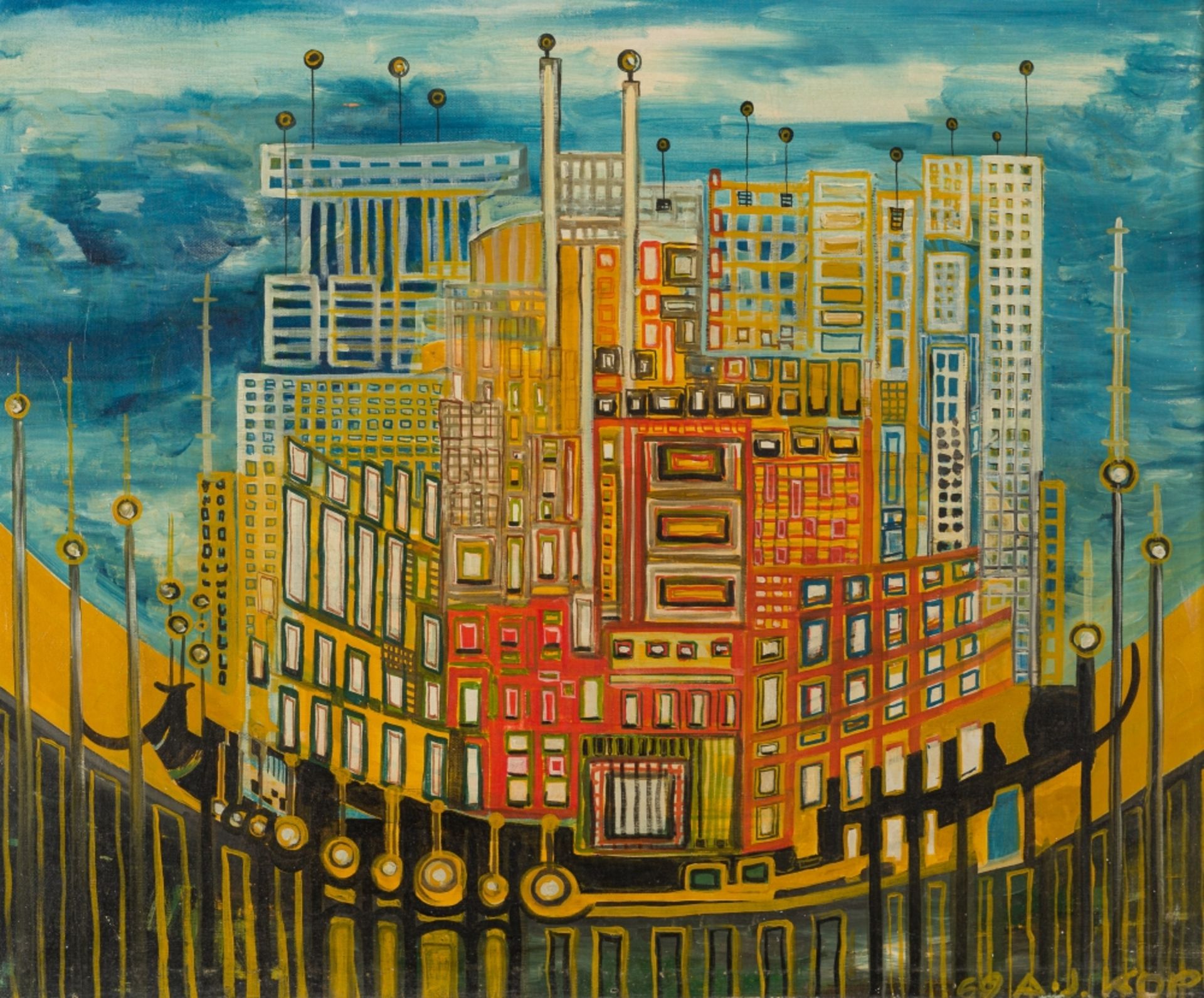 Kopp, A. J.Futuristic City, (19)69Oil on CanvasSigned and dated lower right25,5 x 31,7 inFramed