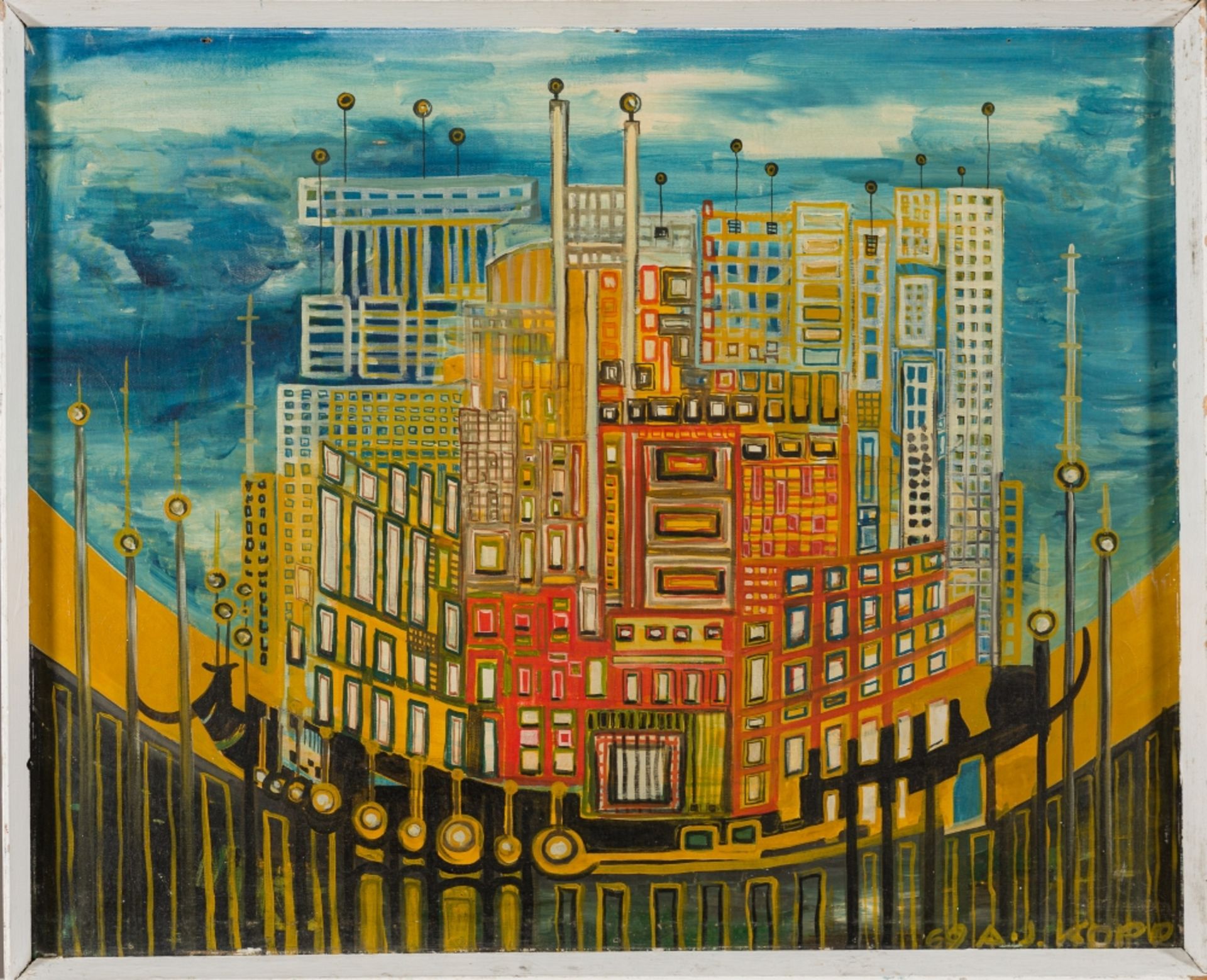 Kopp, A. J.Futuristic City, (19)69Oil on CanvasSigned and dated lower right25,5 x 31,7 inFramed - Image 2 of 4