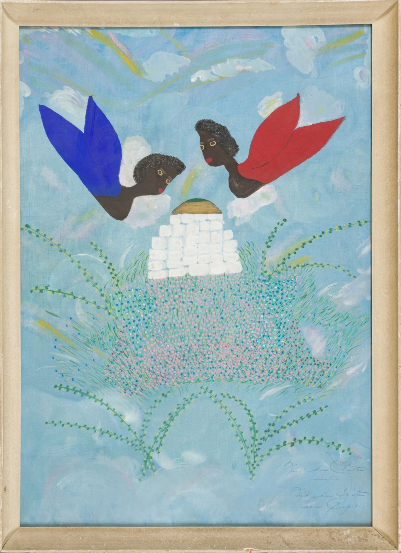 BlackieTwo Angels flying above a TempleOil on Painter CardboardWith Dedication lower rightAppr. 19,7 - Image 2 of 3