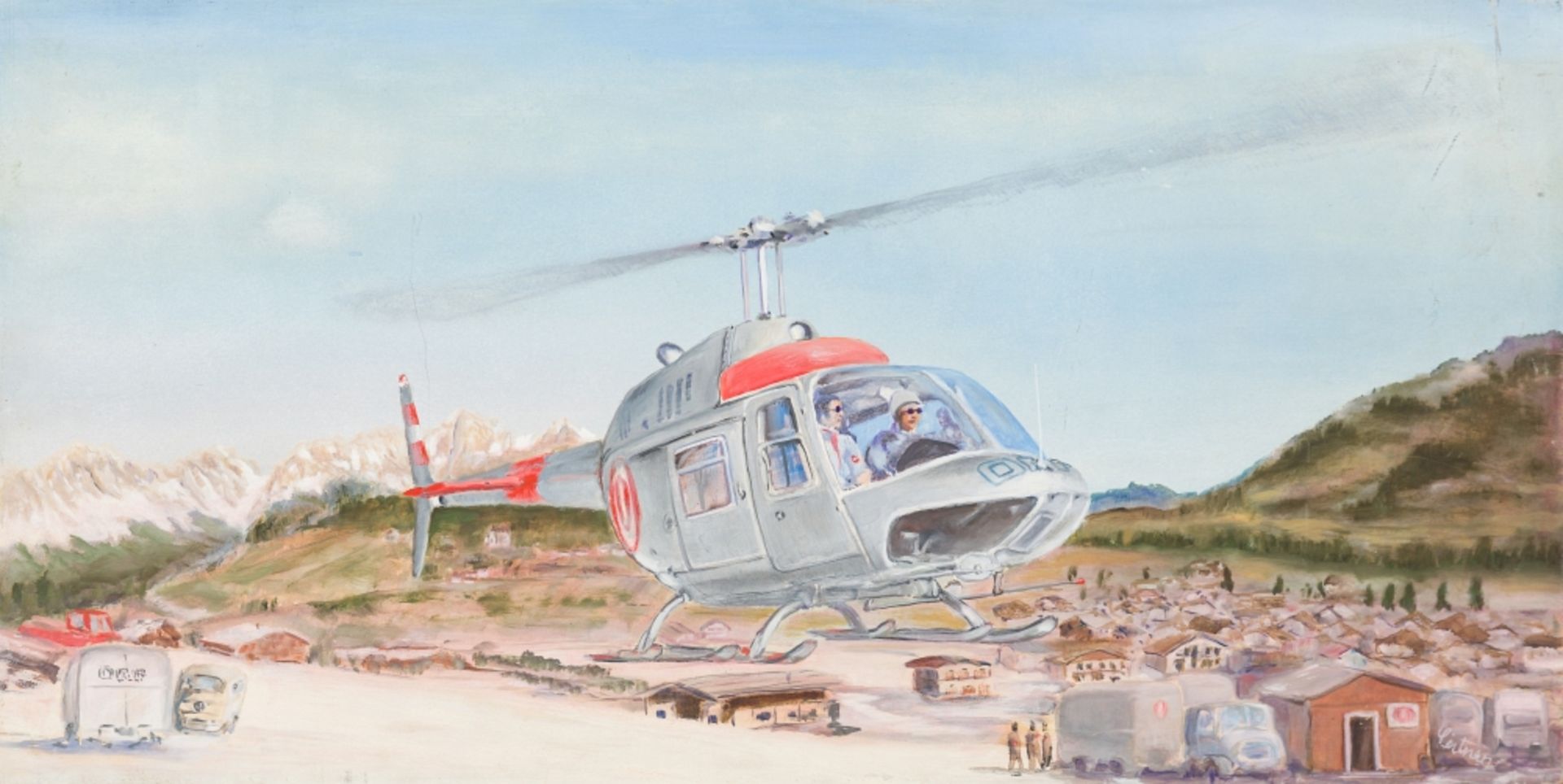 LeitnerORF Helicopter in Kitzbühel, 1970sOil on HardboardSigned lower right16,9 x 33,5 in