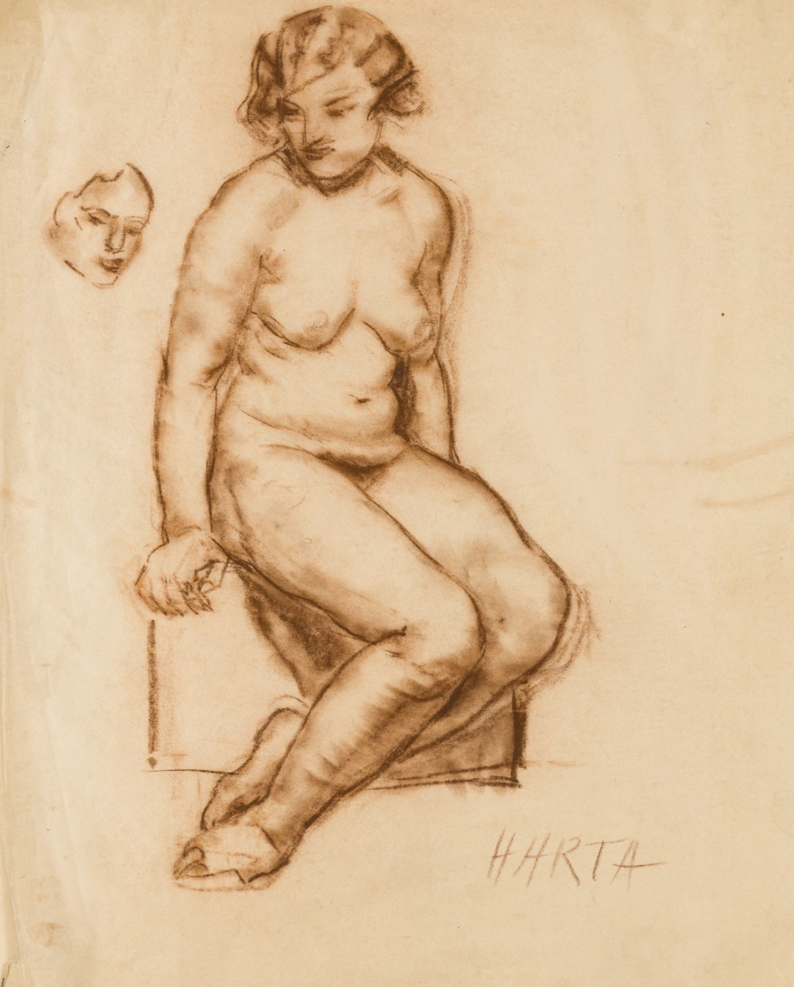 Harta, Felix Albrecht(1884 - 1967)Seated Female NudeBrown Coal on Tissue PaperSigned lower right23,7