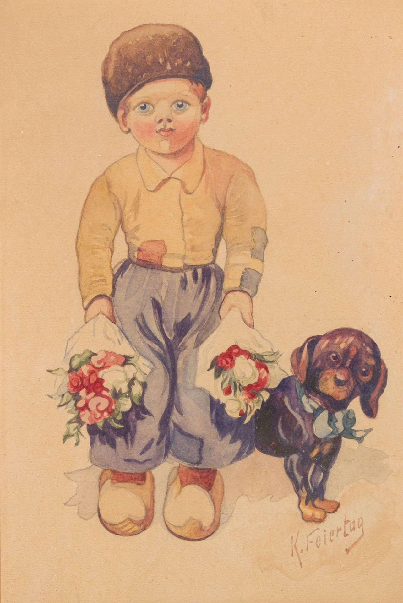 Feiertag, Karl(1874 - 1944)Postcard Design with Boy and DogWatercolor on PaperSigned lower