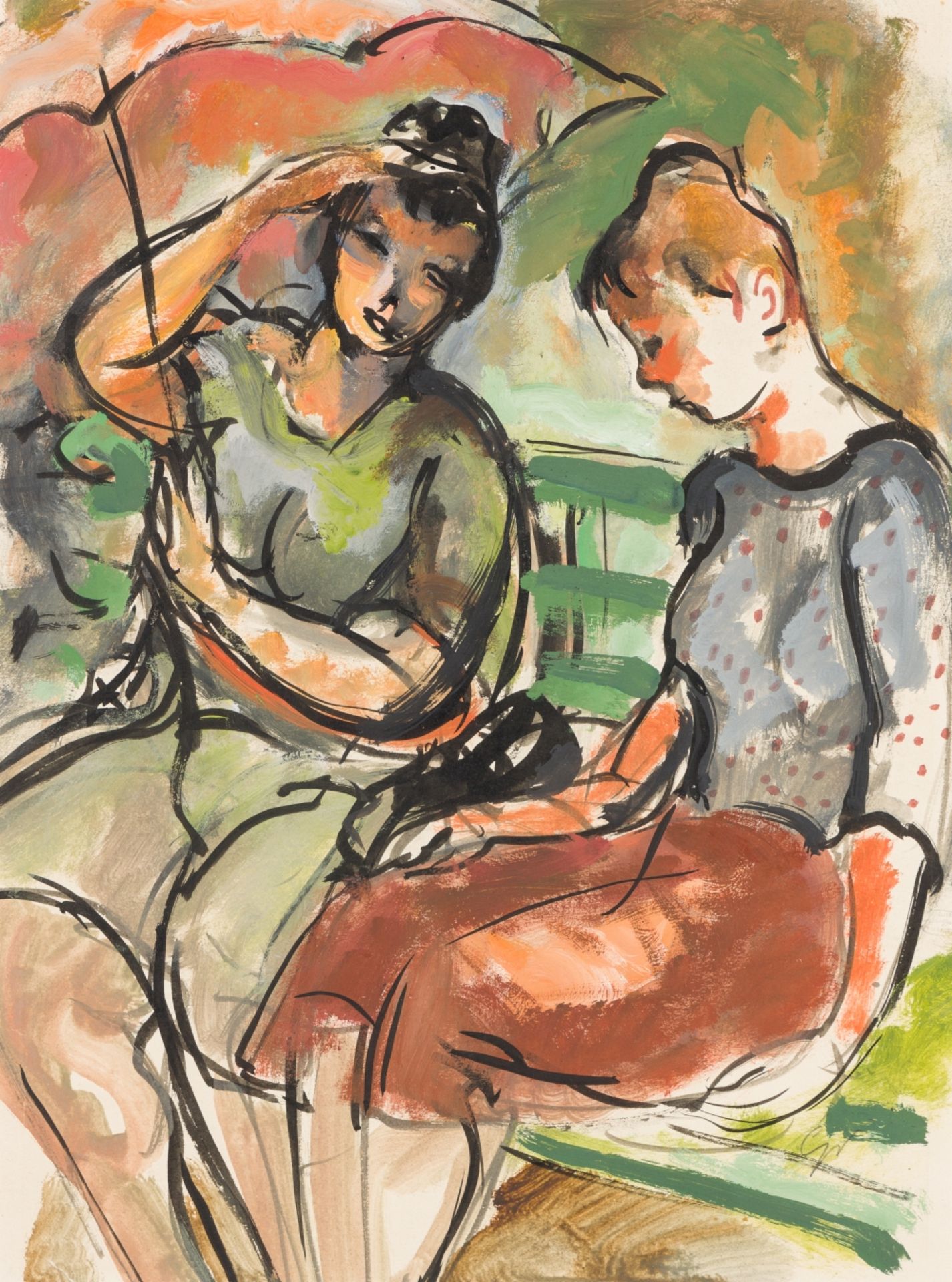 Gross, Fritz (1895 - 1969) Two Girls with Sunshade, 1949 Mixed Media on Paper Signed lower right,