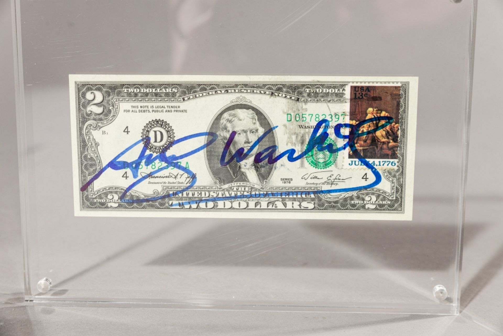 Warhol, Andy (1928 - 1987) Two Dollars, 1976 Blue Pan and Stamp on a Two Dollar Banknote Signed in