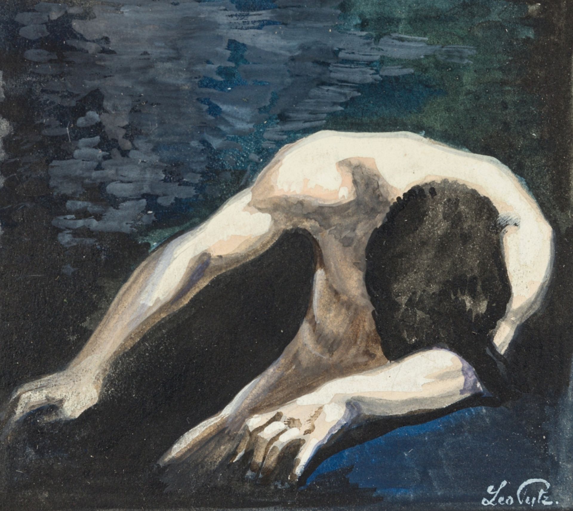 Putz, Leo (1869 - 1940) Crouching Man Gouache on Paper Signed lower right 3,5 x 5,5 in