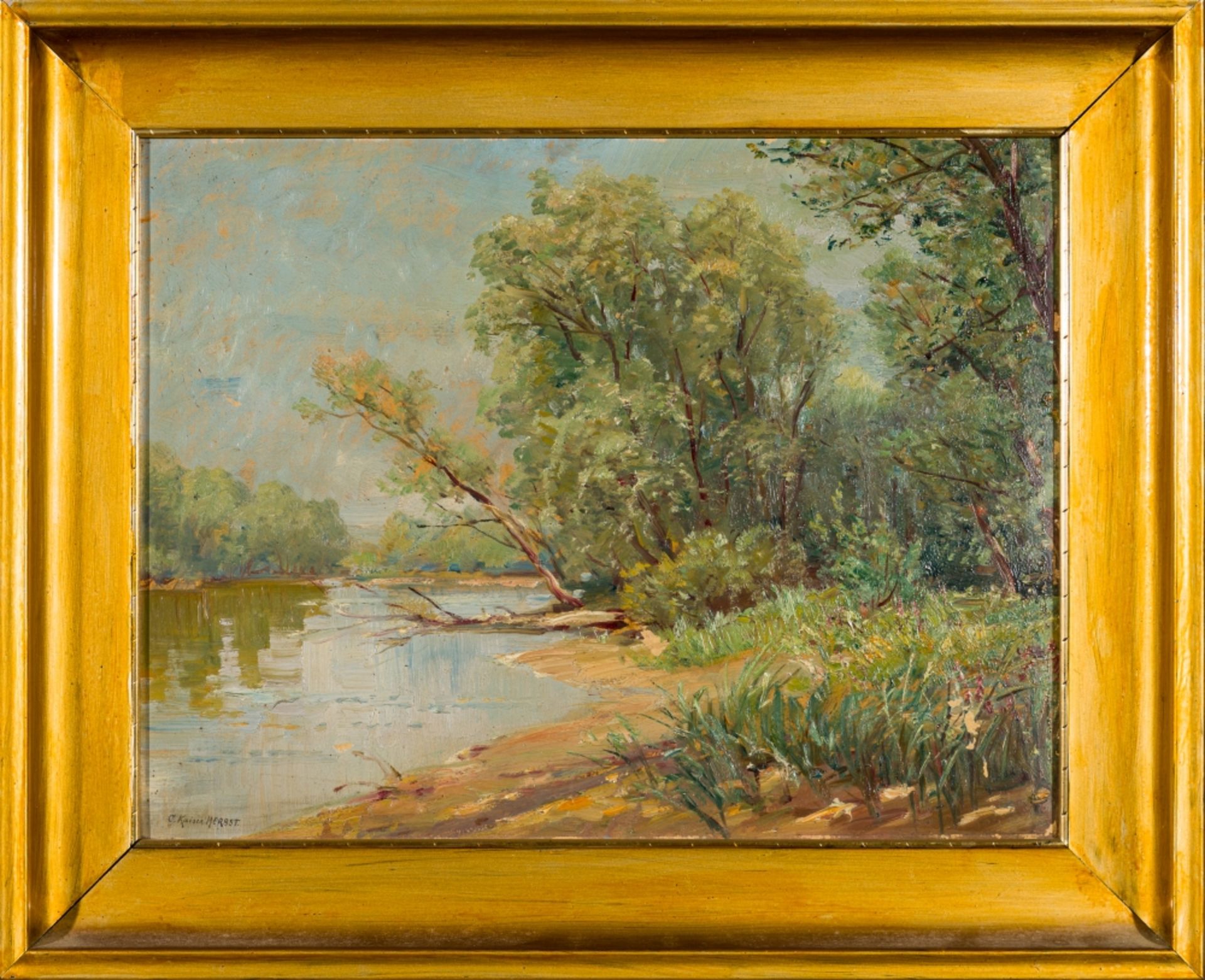 Kaiser-Herbst, Carl(1858 - 1940)Shore LandscapeOil on plateSigned lower left13,4 x 17,3 inGilded - Image 2 of 4