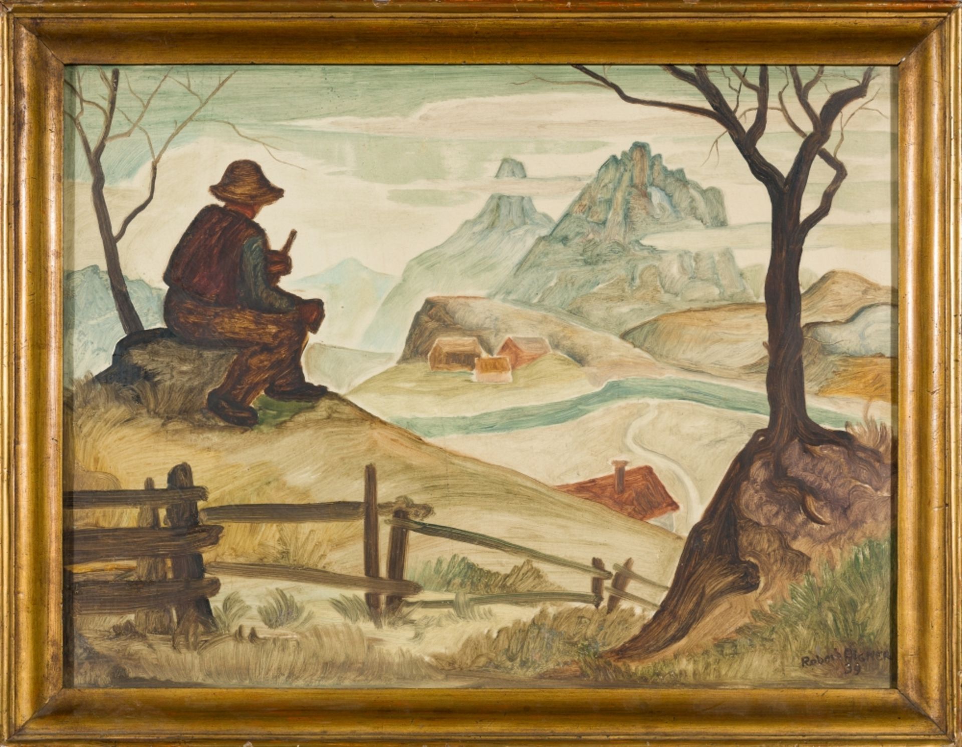 Aigner, Robert(1901 - 1966)Farmer at rest, 19(39)Oil on PaperSigned and dated lower right15,7 x 20,6 - Image 2 of 4