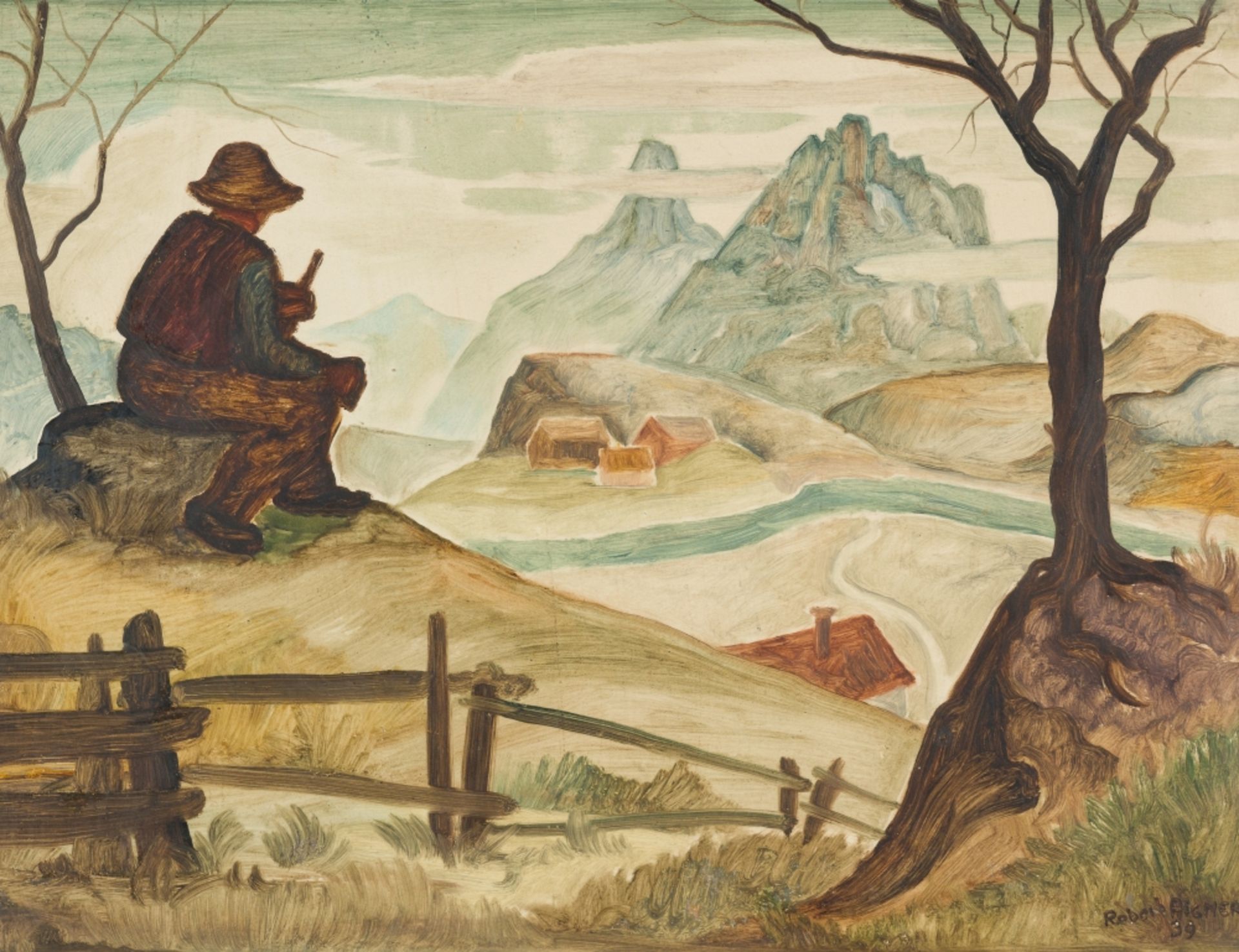 Aigner, Robert(1901 - 1966)Farmer at rest, 19(39)Oil on PaperSigned and dated lower right15,7 x 20,6