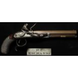 Flintlock duelling pistol by H. Richards. Octagonal barrel with gold line at breech and platinum
