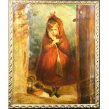 Oil on Canvas depiciting a young girl standing wrapped in red cloak, looking directly at the artist.