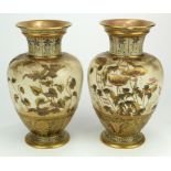 Pair of Doulton Burslem vases. With the ovoid sides and flared rim. Gilt enhanced floral decorations