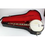 Rosewood banjo with mother of pearl fret markers, length 100cm approx., contained in a fitted case