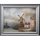 Costello, L. Oil on canvas depicitng a windmill by a river with other buildings. Framed. Measures