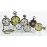 Seven gents pocket watches, various sizes with none being silver. AF